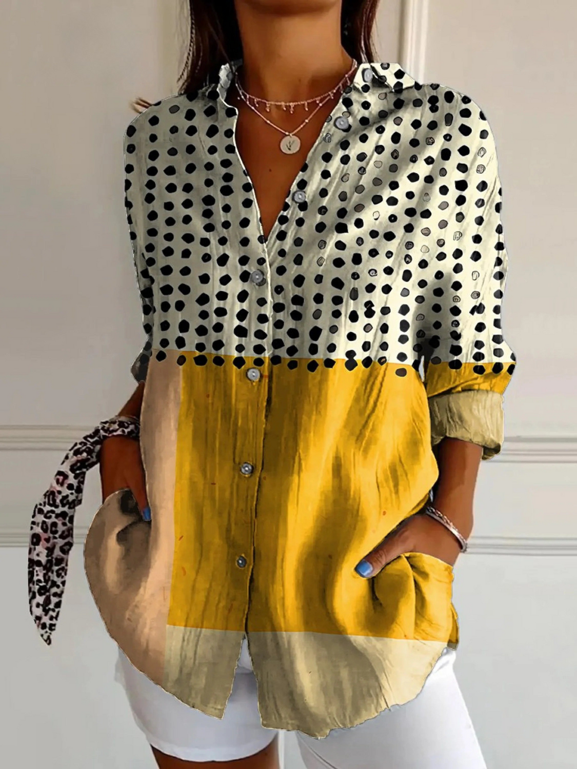 Women's Yellow Color-blocked Dots Print Casual Shirt