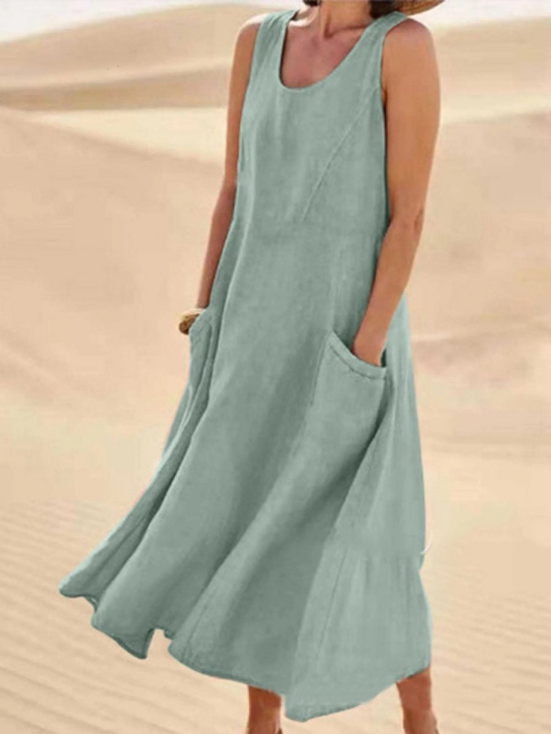 Women Sleeveless Sundress Elegant Round Neck Solid Long Tank Casual Summer Dress