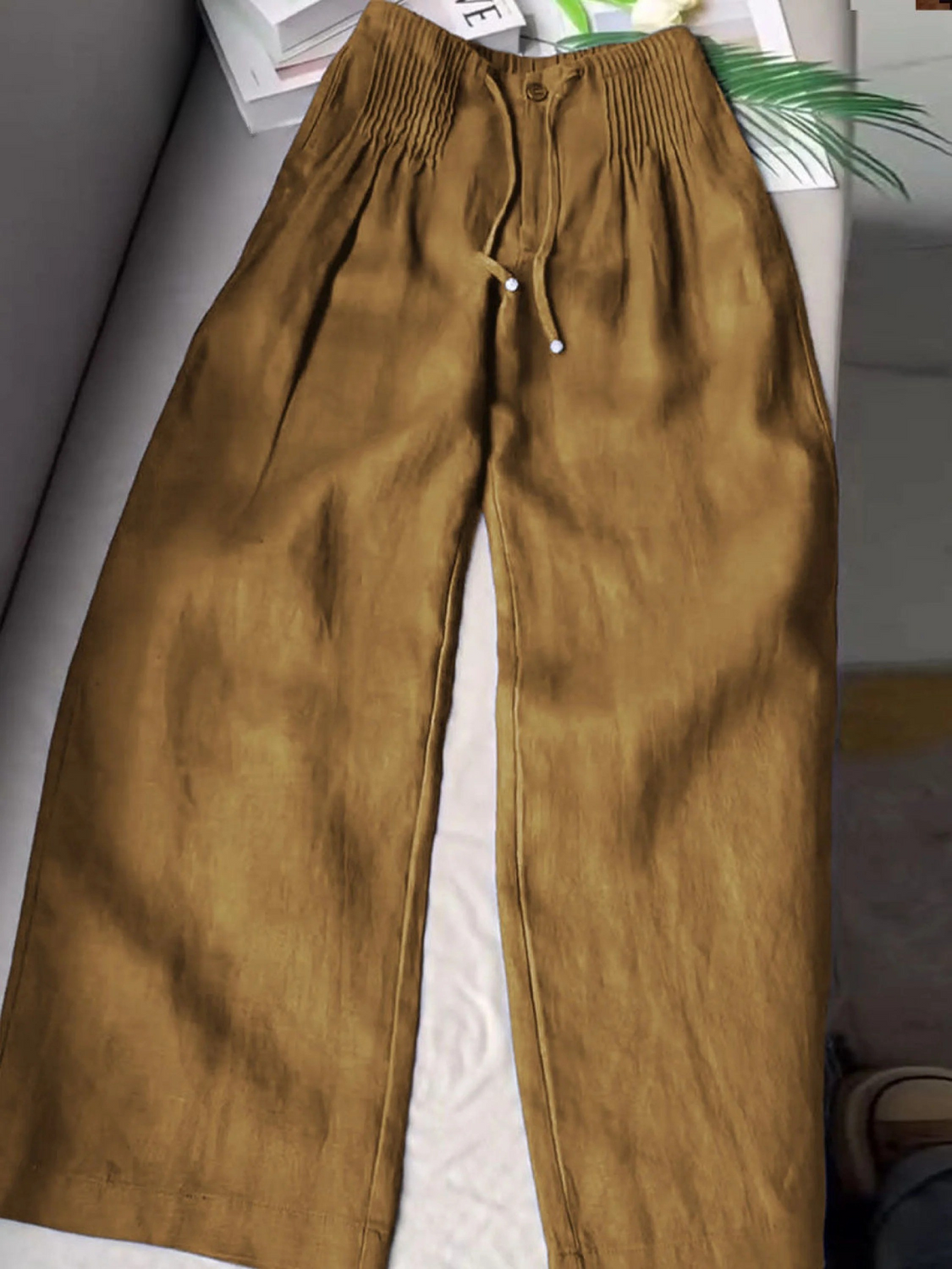 Women's Solid Color Pleated Drawstring Casual Wide Leg Linen Pants