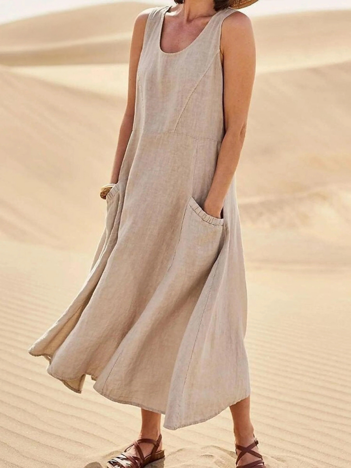 Women Sleeveless Sundress Elegant Round Neck Solid Long Tank Casual Summer Dress