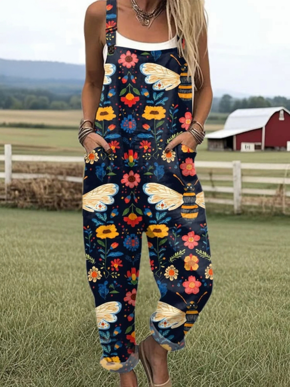 Women's Flying Bees Pattern Casual Wide Leg Linen Jumpsuit