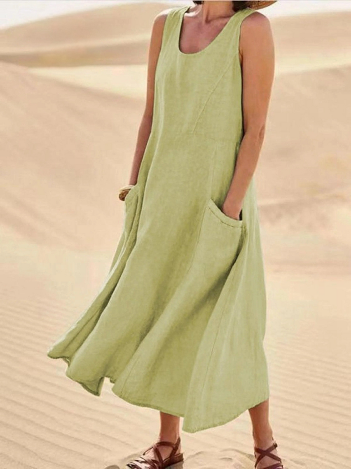 Women Sleeveless Sundress Elegant Round Neck Solid Long Tank Casual Summer Dress