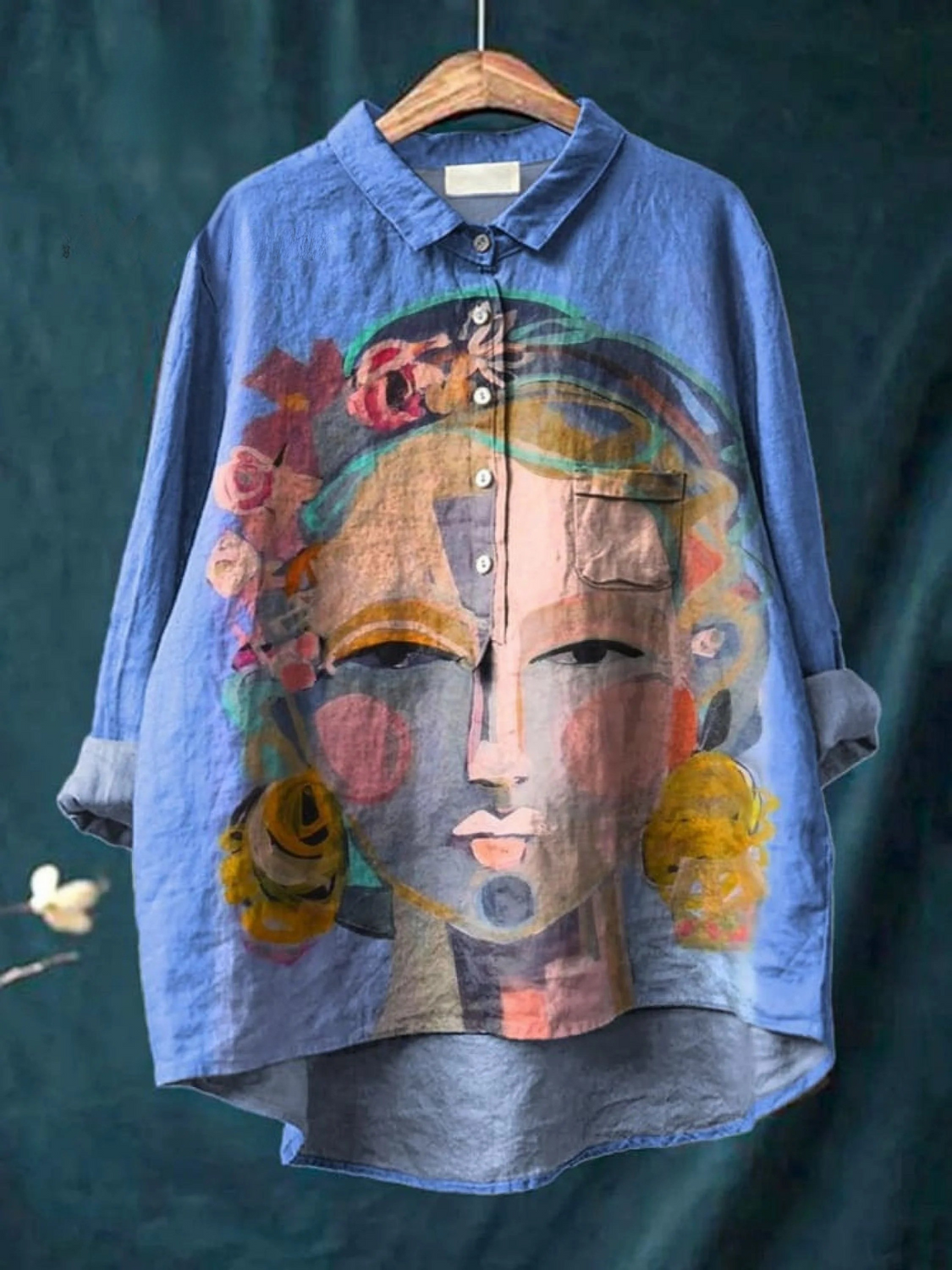 Oil Painting Freda Portrait Art Printed Women's Casual Linen Shirt