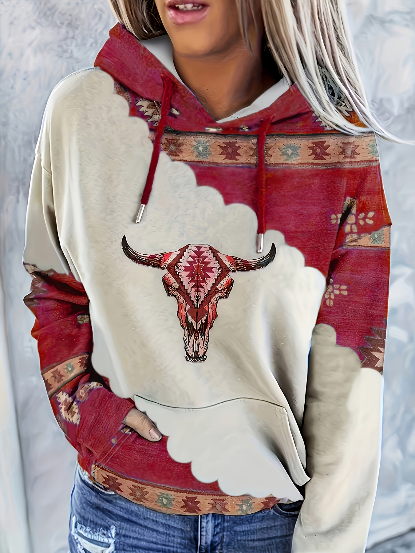 Women's Casual Western Bohemian Pullover Hoodie - Retro Ethnic Print Round Neck Sweatshirt with Adjustable Drawstring, Machine Washable All-Season Comfort, Cute Sweatshirts