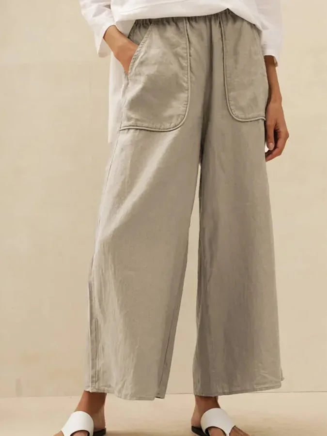 Women's Linen Large Pocket Wide Leg Pants