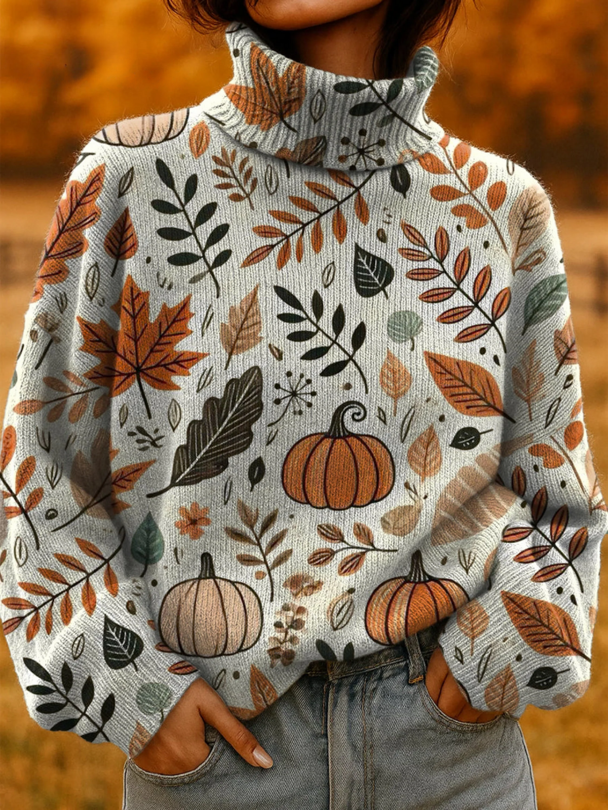 Women's Autumn Pumpkin Print Turtleneck Knit Sweater
