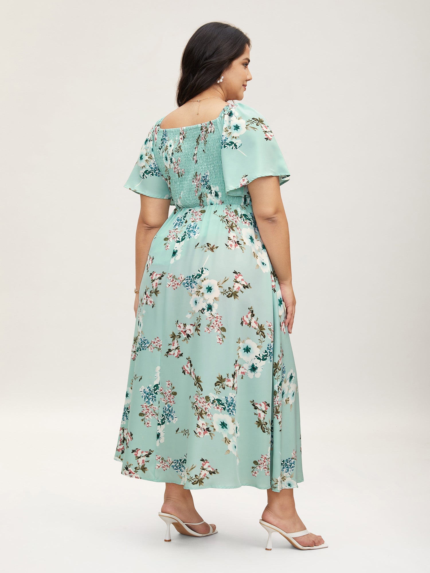 Floral Square Neck Ruffles Pocket Shirred Split Dress