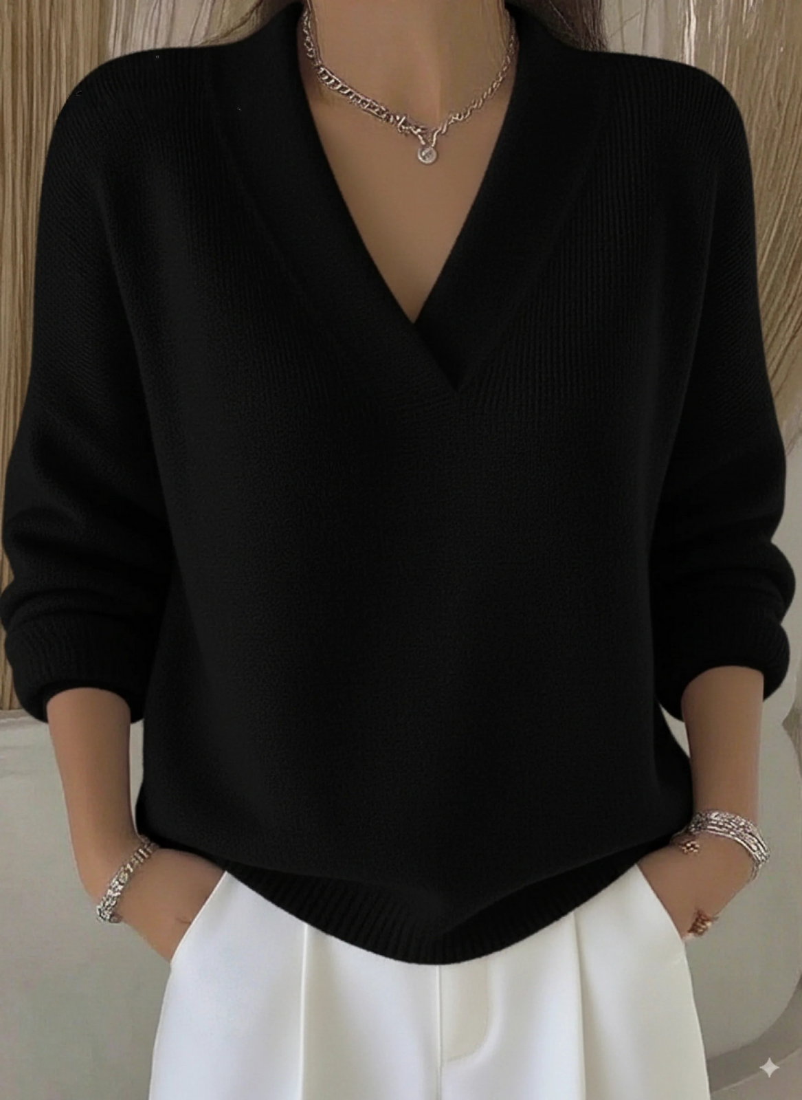 Women's Casual Solid Color V-neck Sweater Top