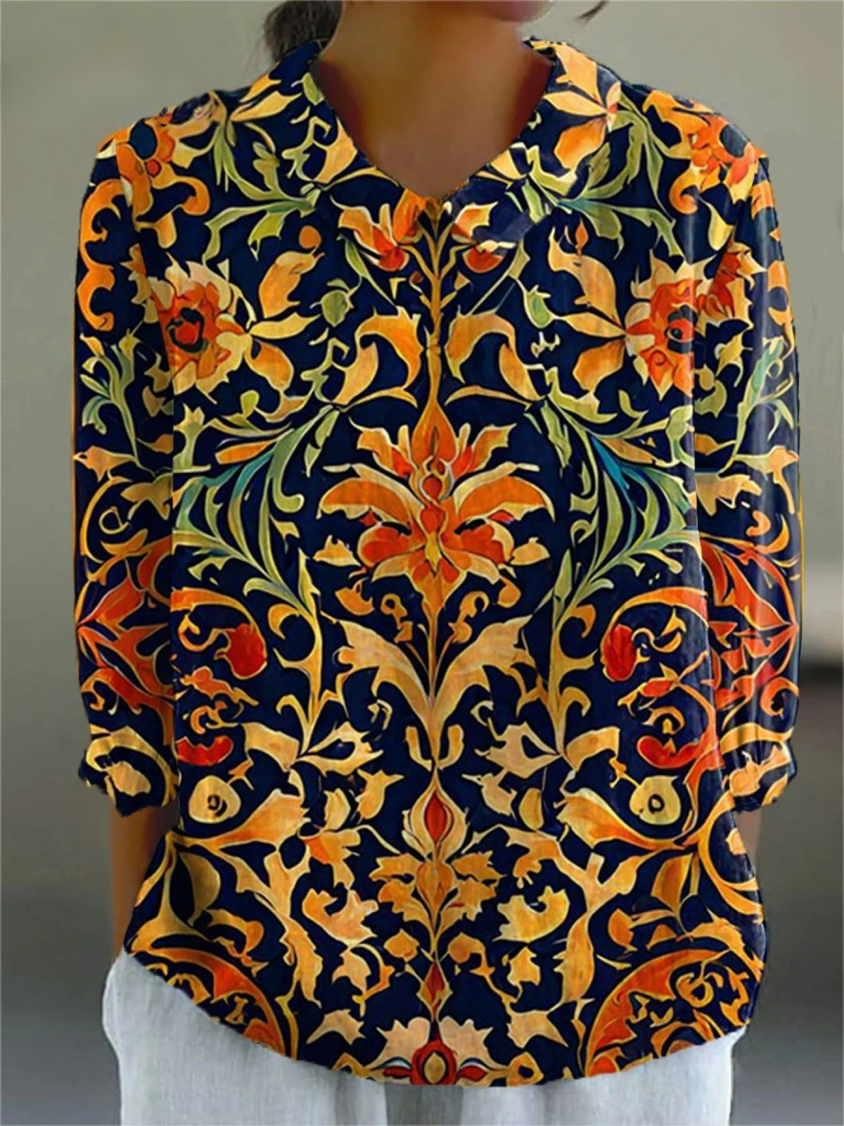 Women's Vintage Flower Art Print Linen Pocket Tunic Dress