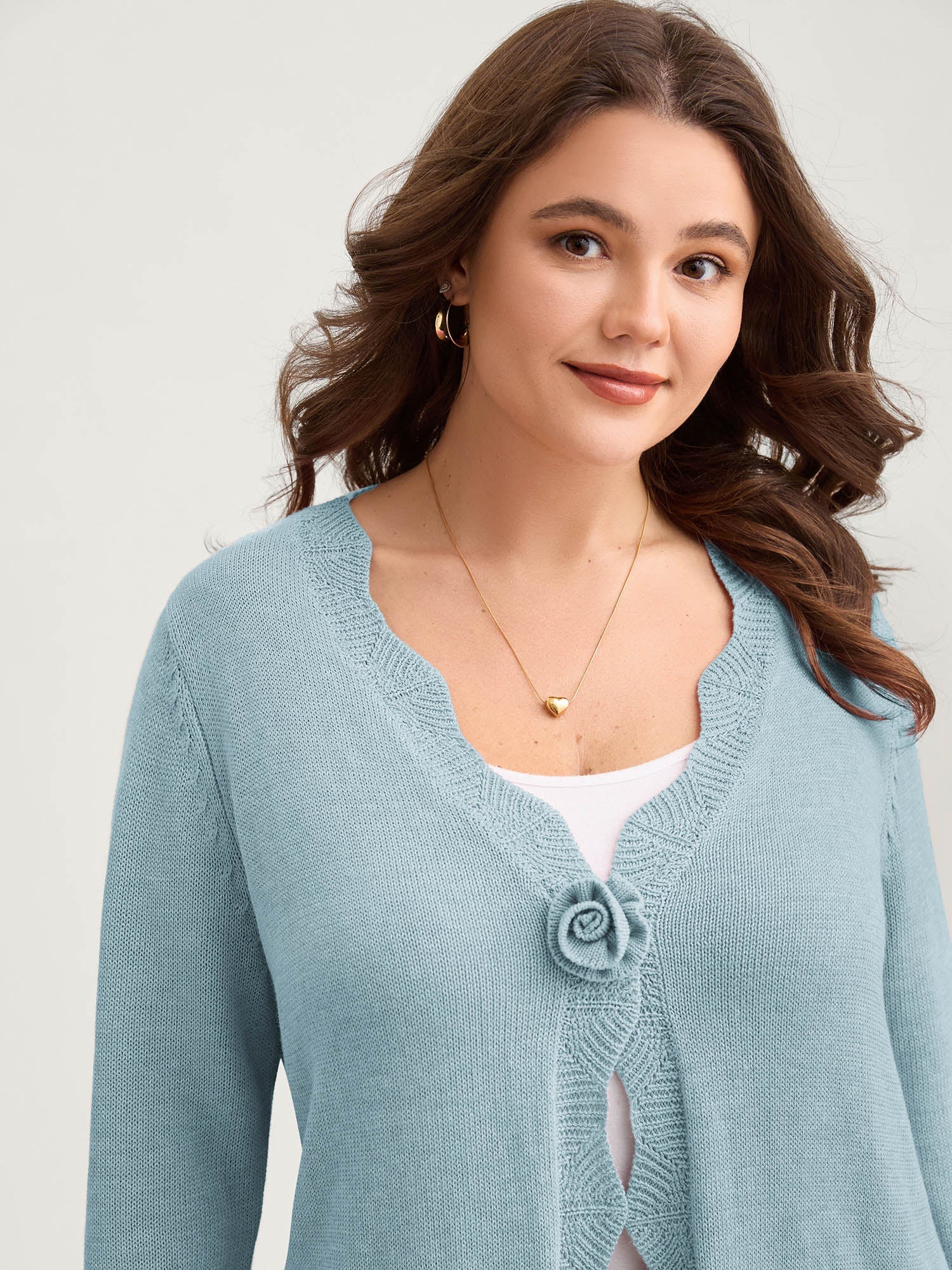 Supersoft Textured Floral Button Ruffled Hem Knit Cardigan