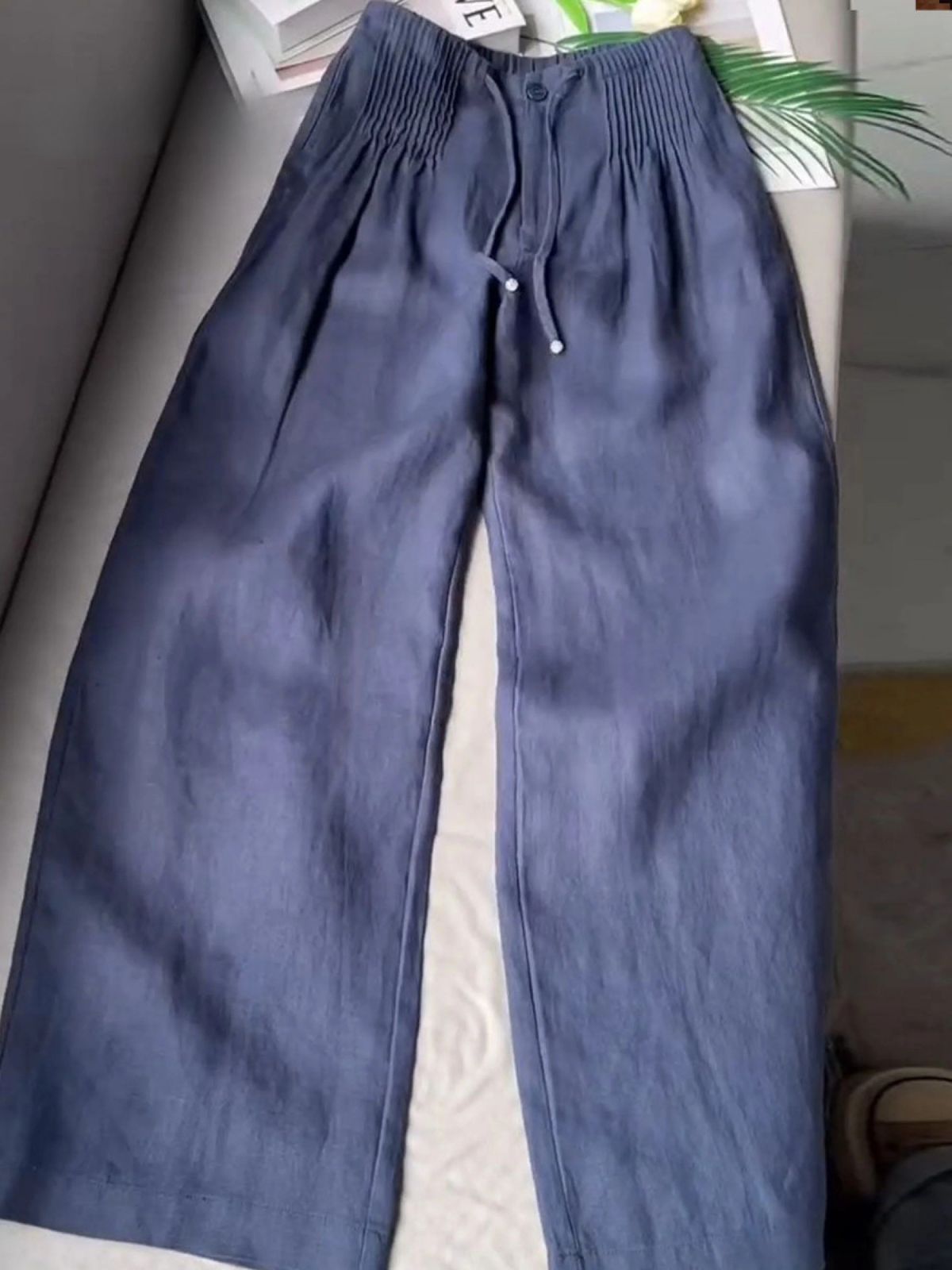 đŸ”¥Limited time promotion Women's Solid Color Pleated Drawstring Casual Cotton and Linen Wide Leg Pants