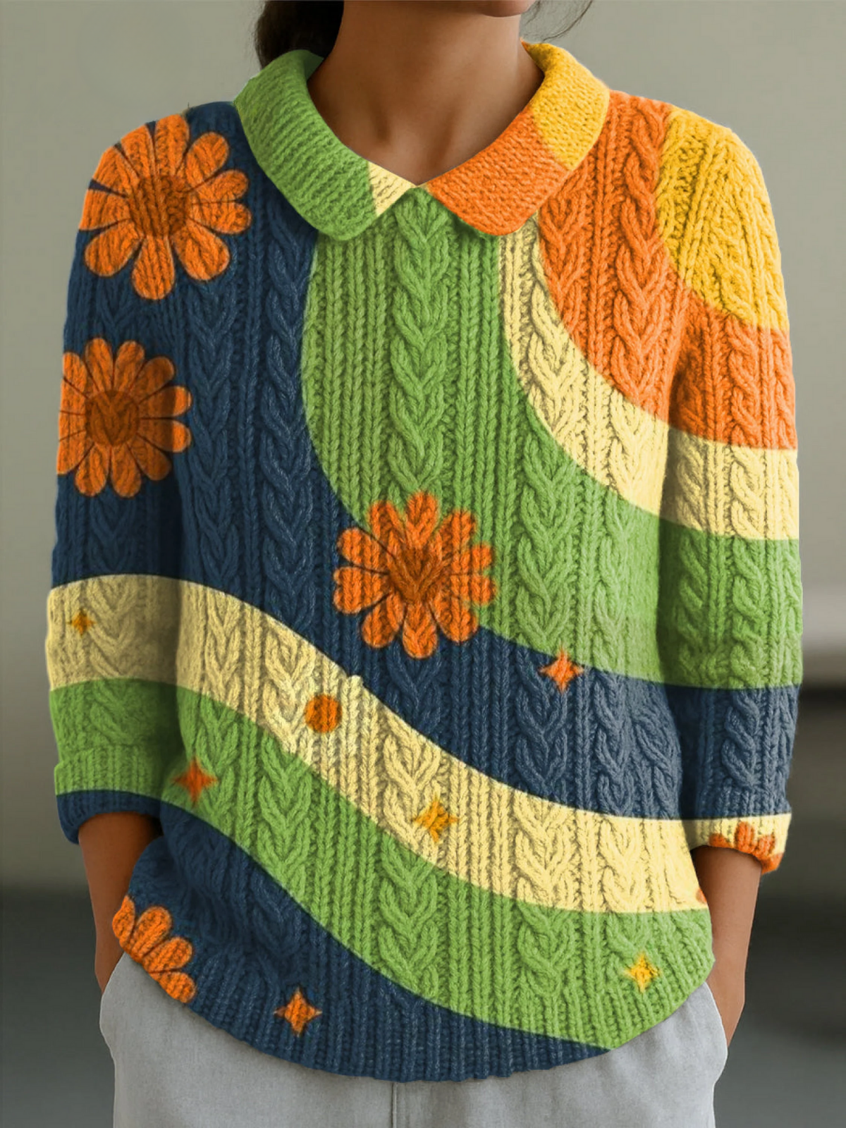 Women's Sunflower Floral Colorful Stripes Painting Art Print Casual Peter Pan Collar 3/4 Sleeve Sweater