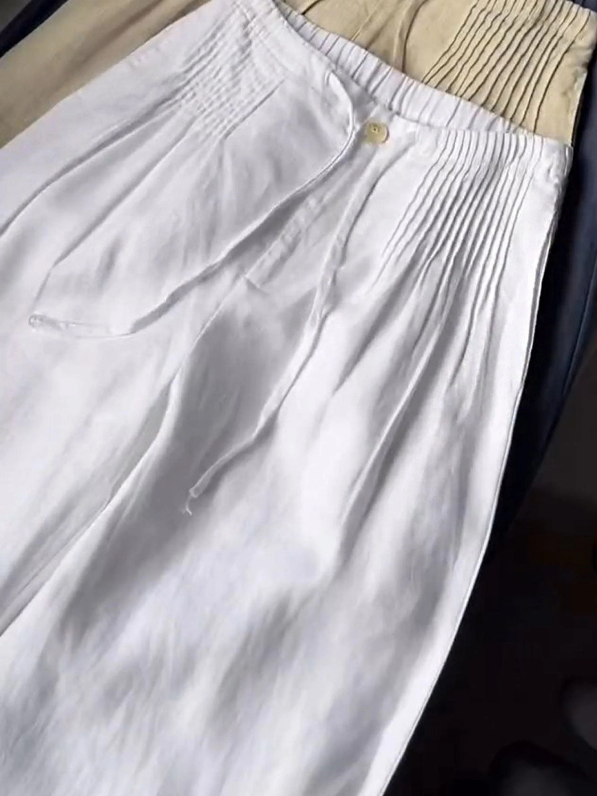 đŸ”¥Limited time promotion Women's Solid Color Pleated Drawstring Casual Cotton and Linen Wide Leg Pants