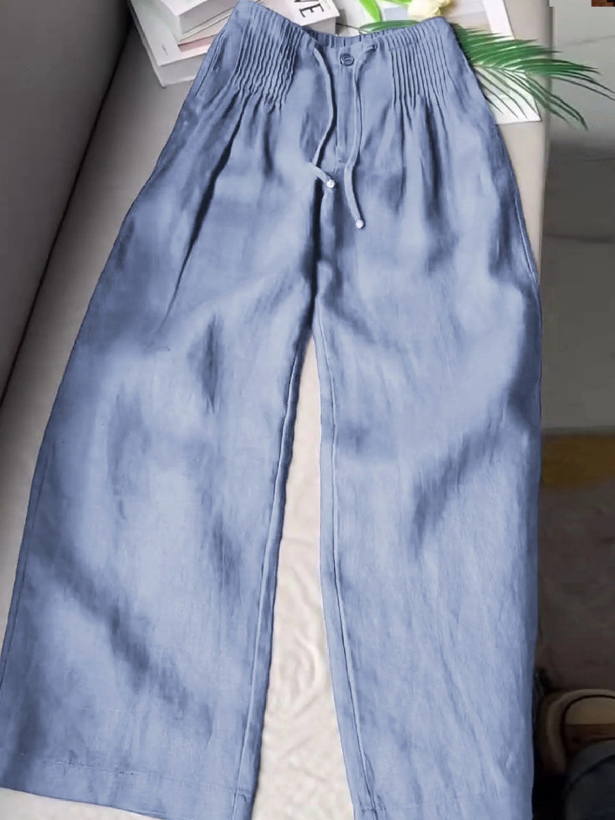 đŸ”¥Limited time promotion Women's Solid Color Pleated Drawstring Casual Cotton and Linen Wide Leg Pants