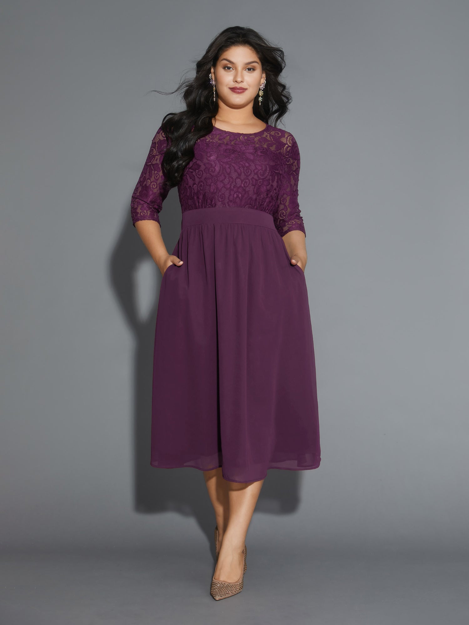 Lace Patchwork Shirred Midi Pocket Dress