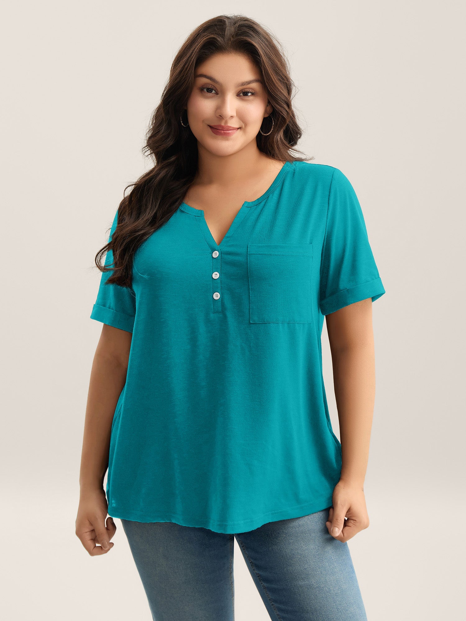 Solid Split Neck Button Detail T-Shirt