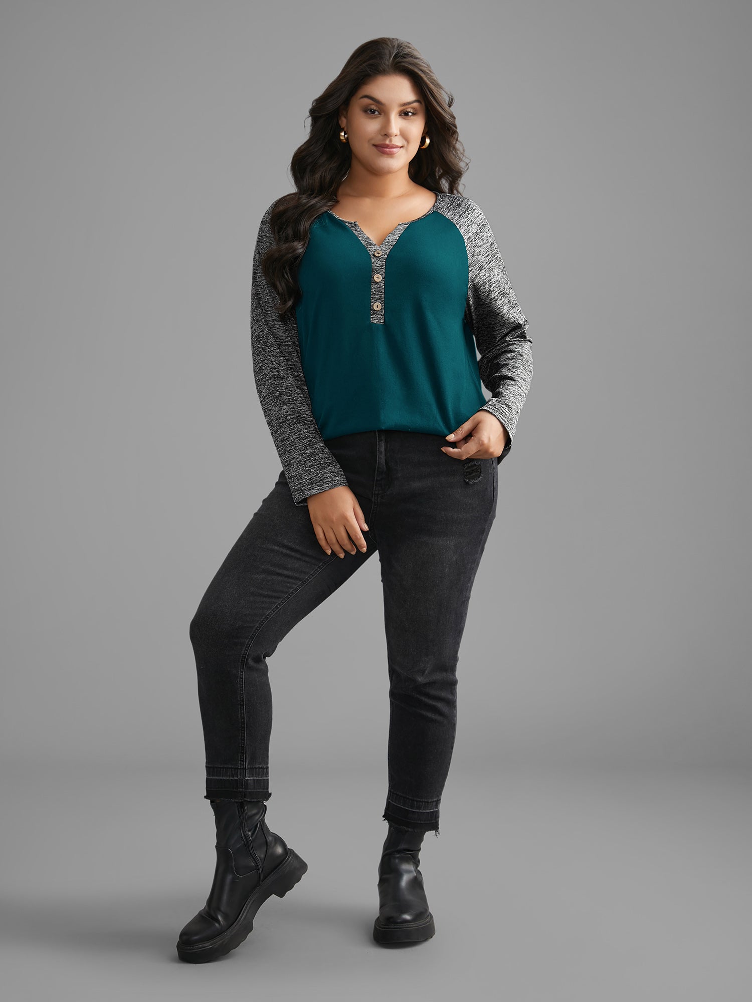 Heather Patchwork Button Detail Stretchy T-Shirt