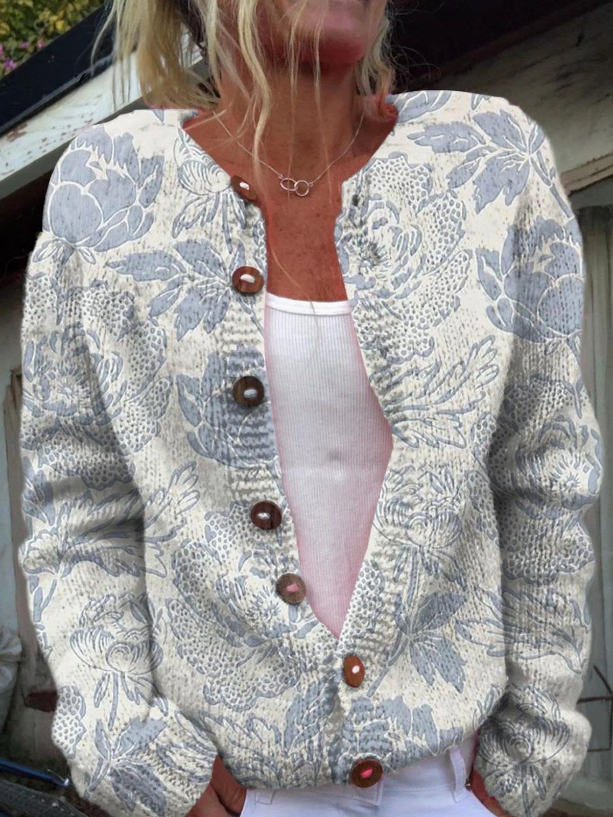 Women's Lovely Floral Art Print Buttoned Cardigan Sweater