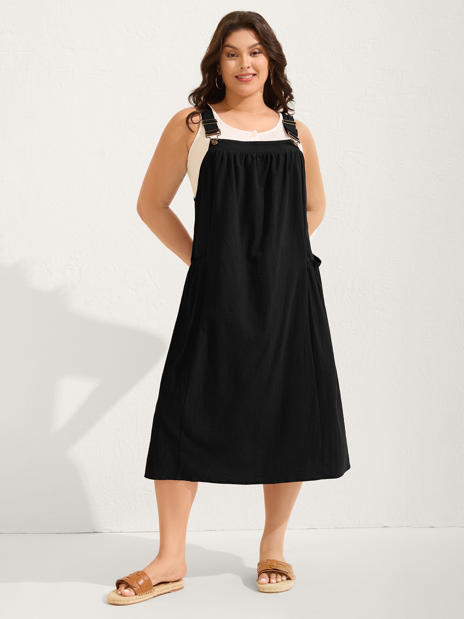 Pure Cotton Pleated Pockets Midi Dress