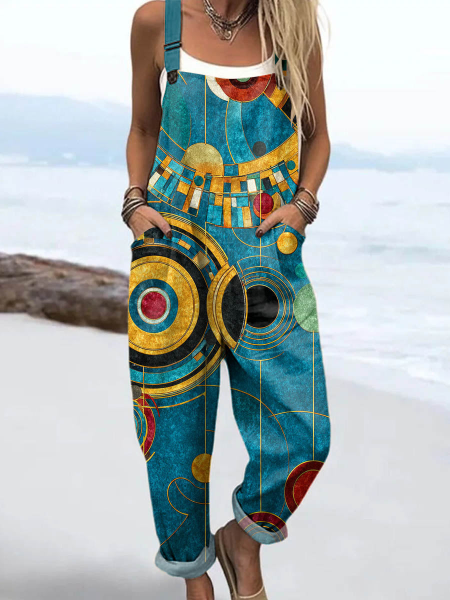 Women's Abstract Geometric Pattern Art Print Casual Wide Leg Linen Jumpsuit