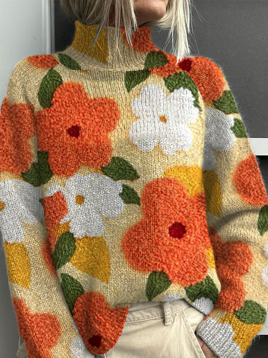 Vintage Floral Art Print Knit Turtleneck Pullover Sweater