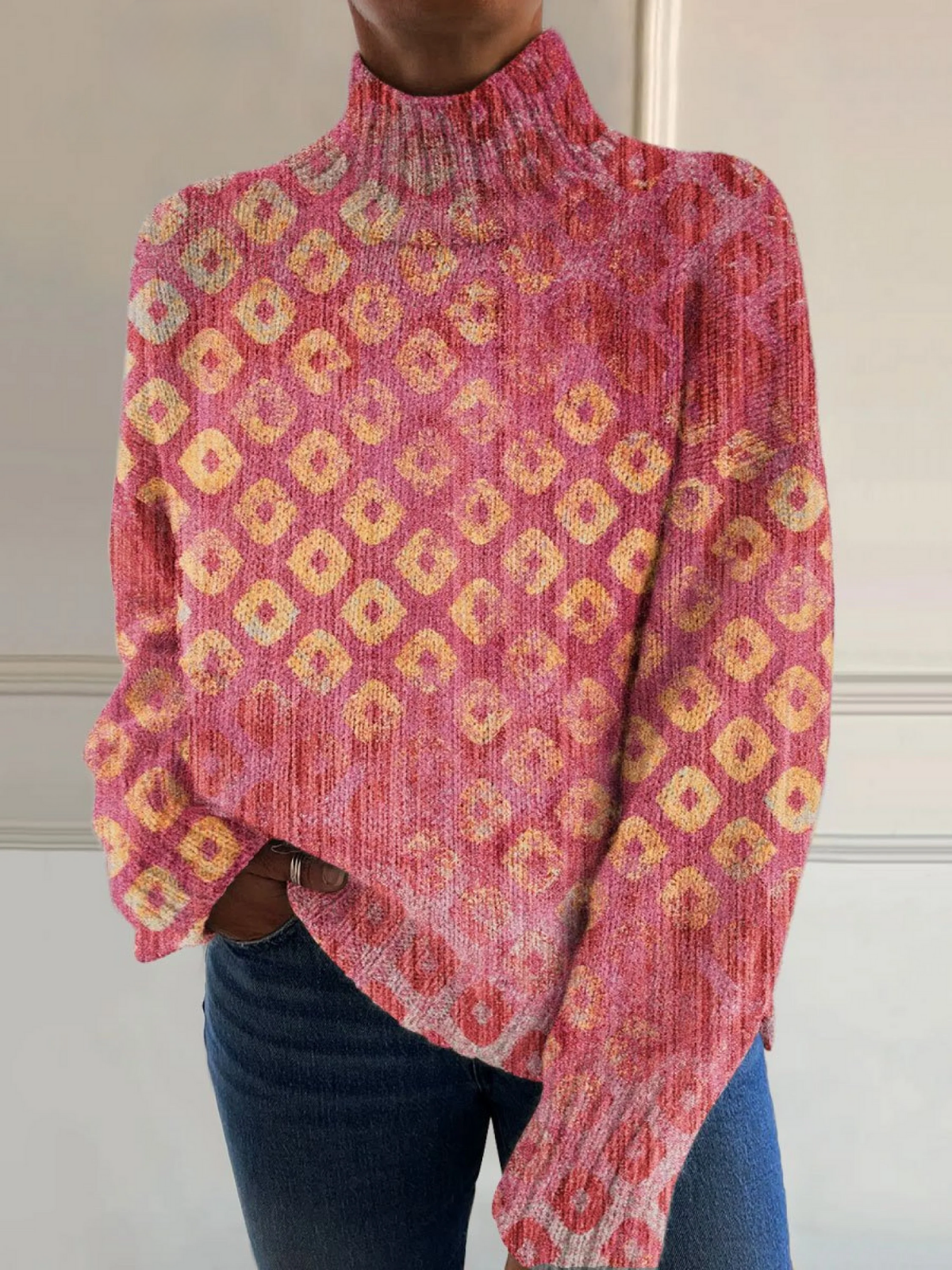 Vintage Color Block Art Print Knit Turtleneck Pullover Sweater