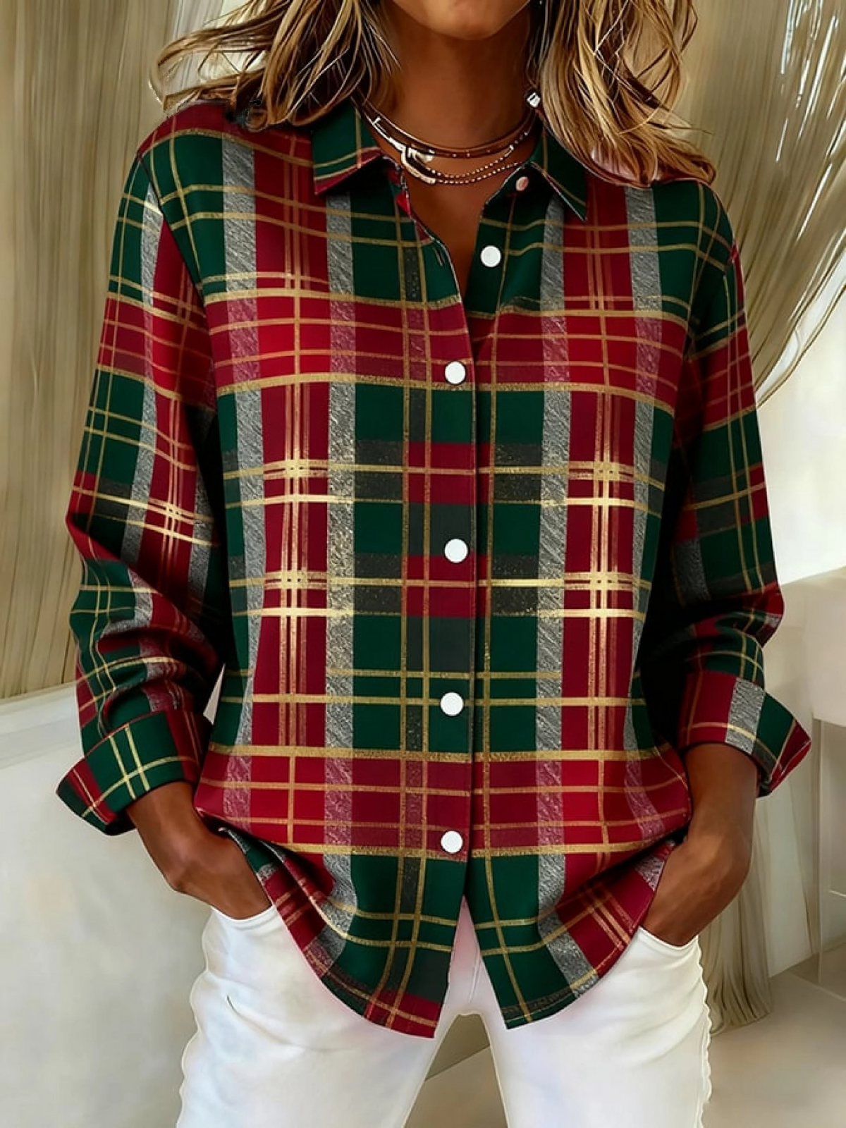 Women's Vintage Christmas Plaid Art Print Casual Cotton Shirt