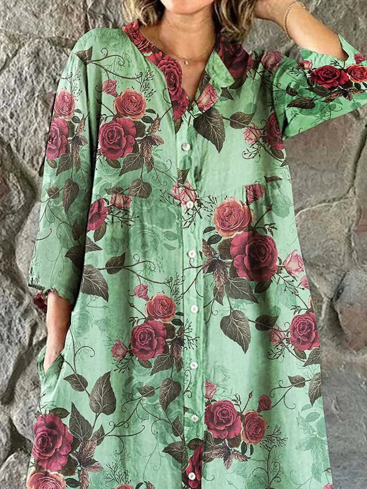 Women's Elegant Vintage Floral Print Shirt Style Cotton and Linen Dress