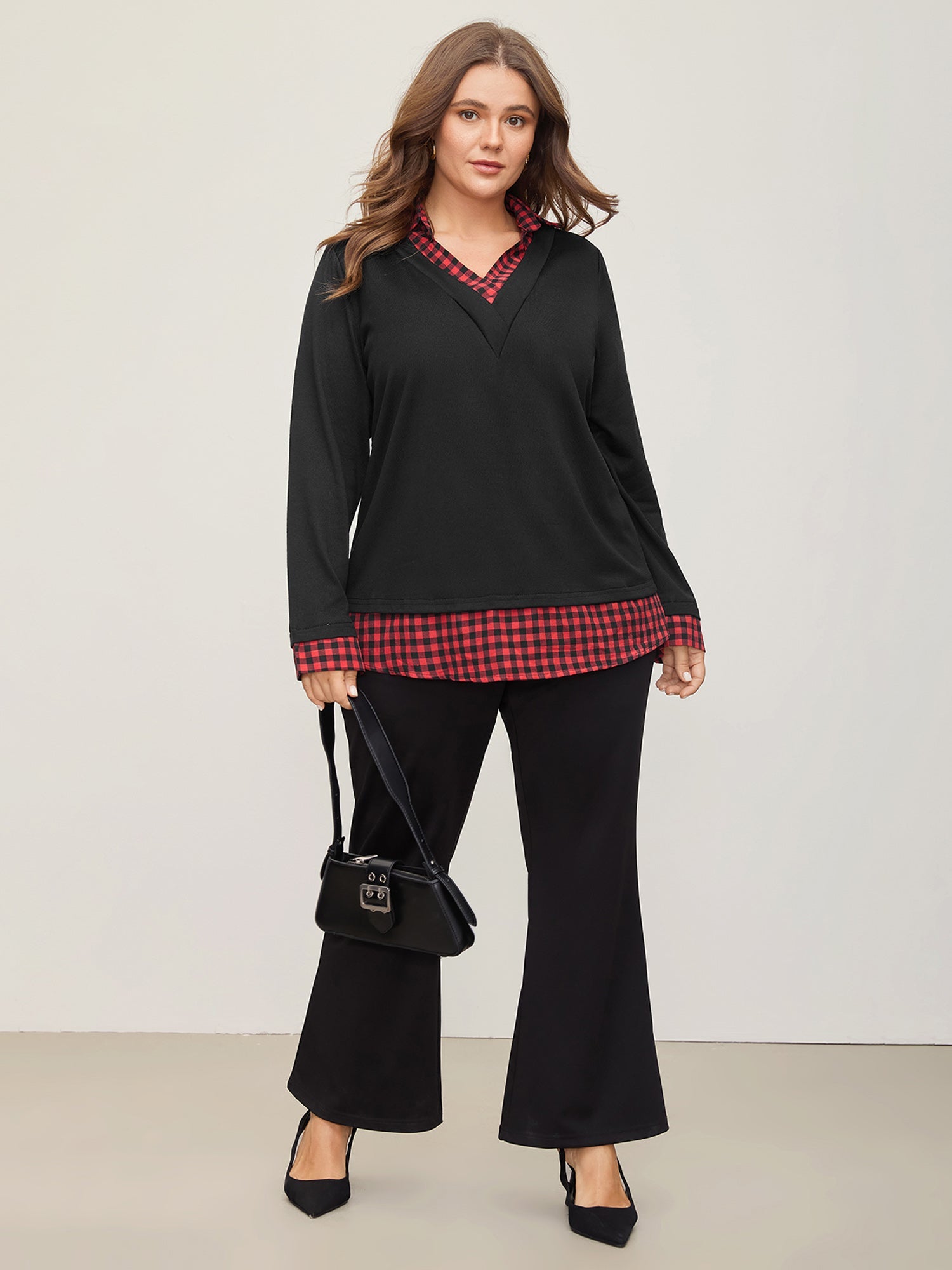 Gingham Patchwork Shirt Collar Arc Hem Sweatshirt