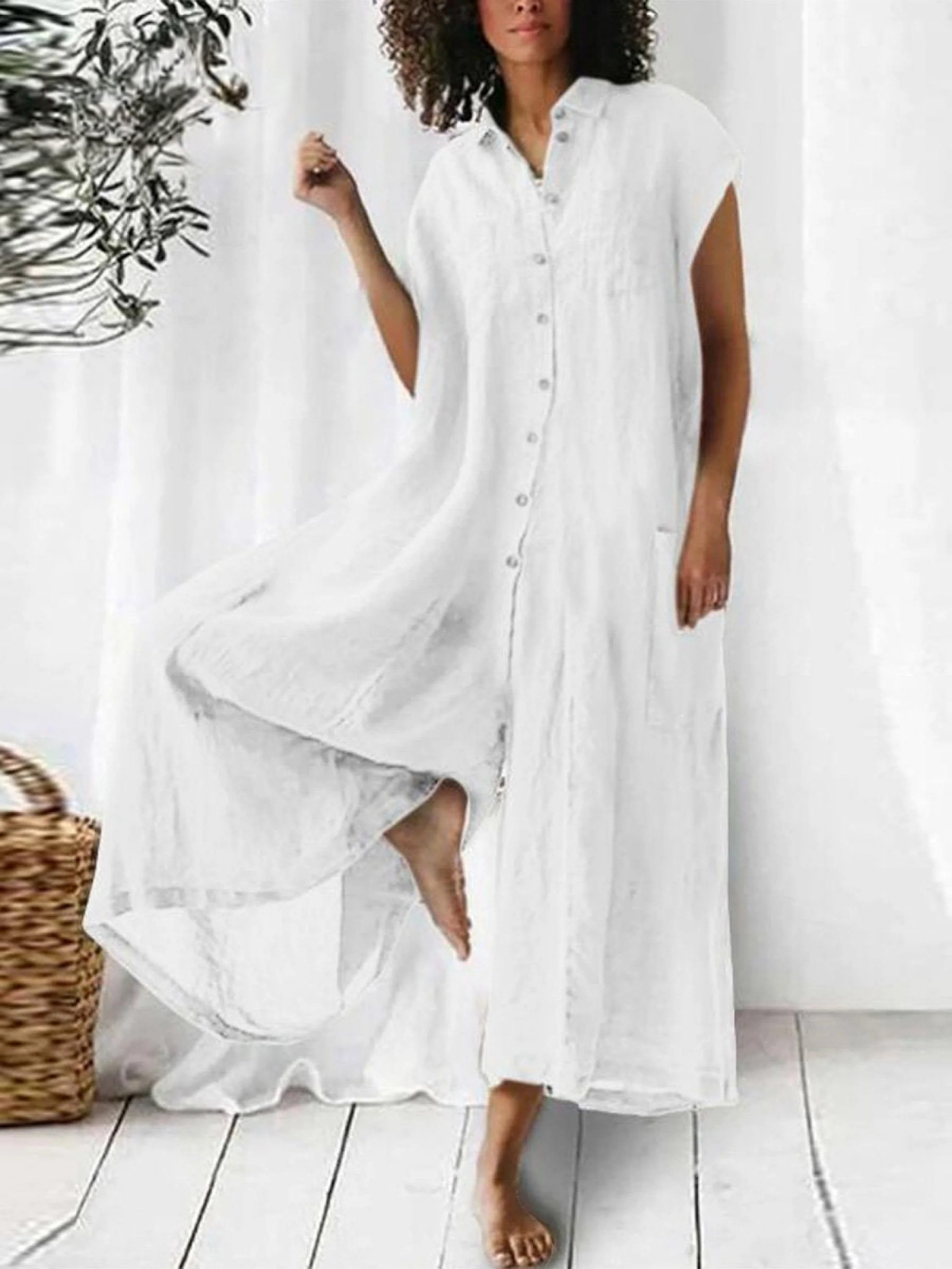 Women's Cotton And Linen Solid Color Short Sleeve Jumpsuit