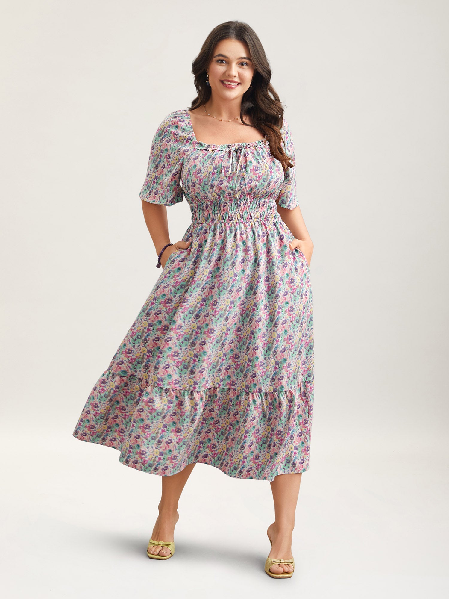 Smocked Waist Floral Ties Tiered Maxi Dress