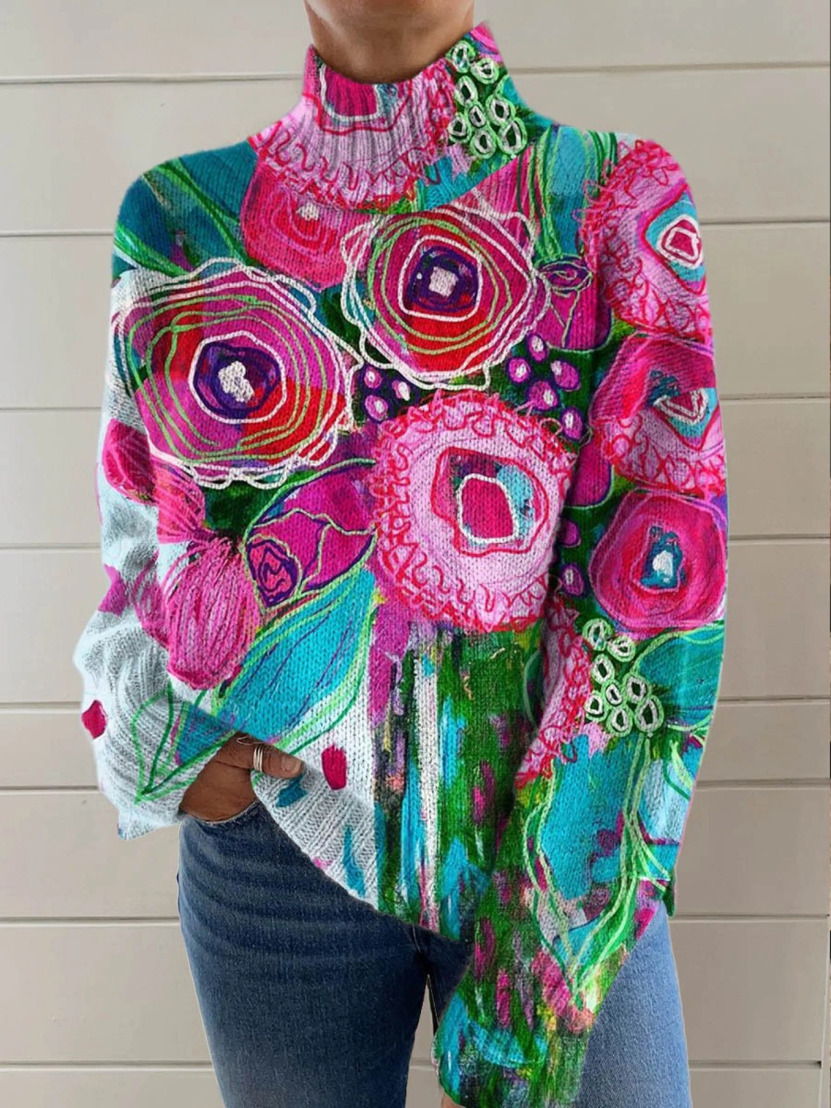 Lovely Floral Pattern Art Print Knit Turtleneck Pullover Sweater