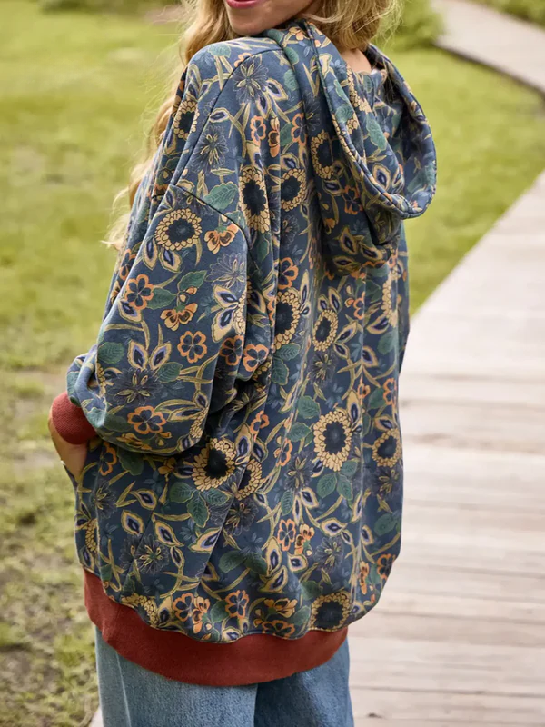 Women's Boho Floral Print Colorblock Cuff Cotton Hoodie