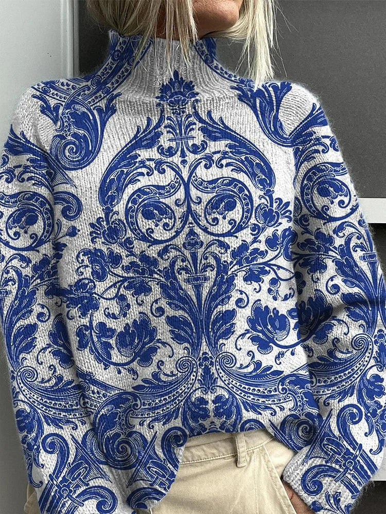 Vintage Symmetrical Pattern Printed Knit Turtleneck Pullover Sweater