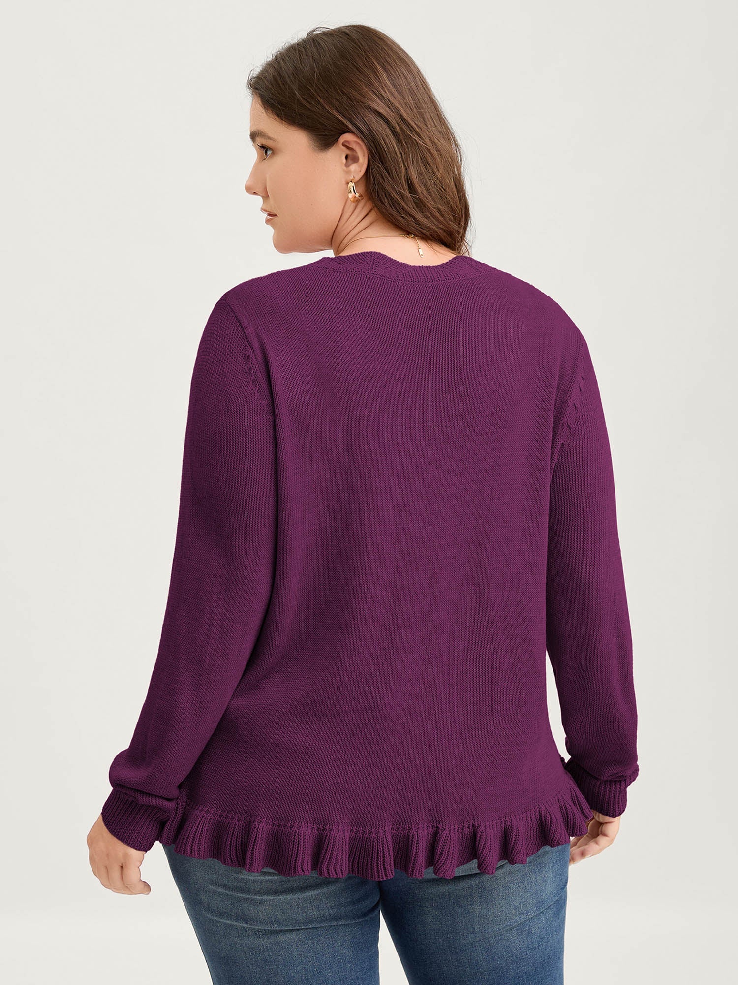 Supersoft Textured Floral Button Ruffled Hem Knit Cardigan