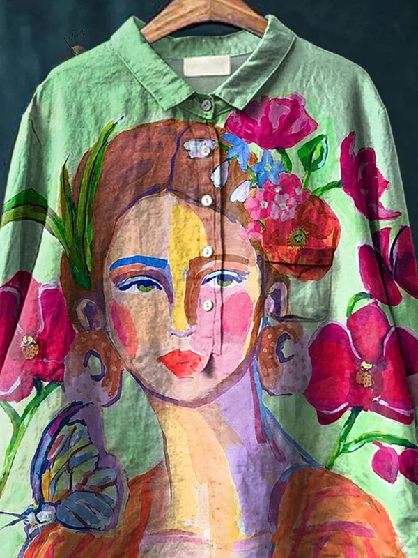 Oil Painting Women's Portrait Art Printed Women's Casual Cotton And Linen Shirt