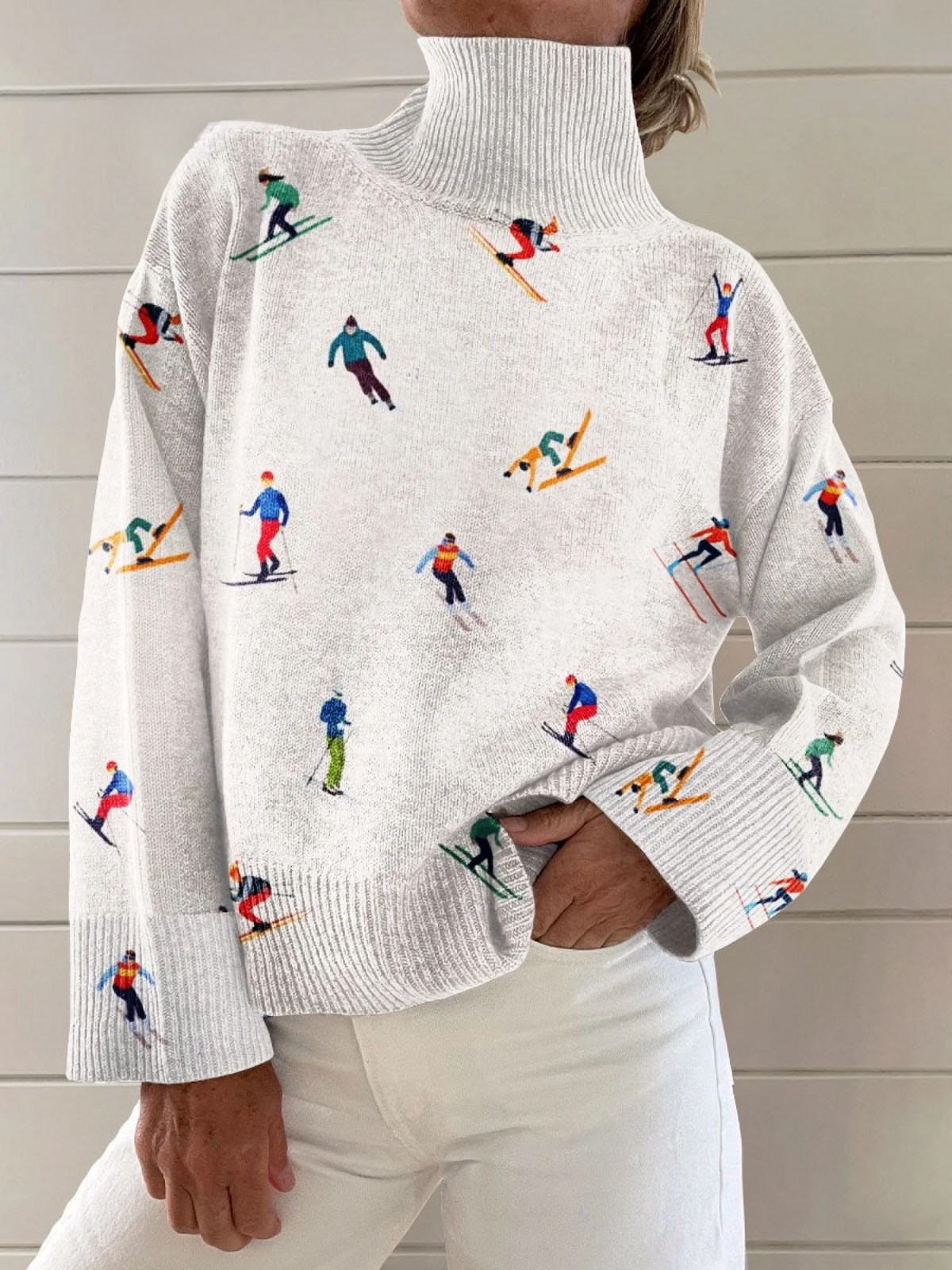 Vintage Winter Ski Print Knit Turtleneck Pullover Sweater