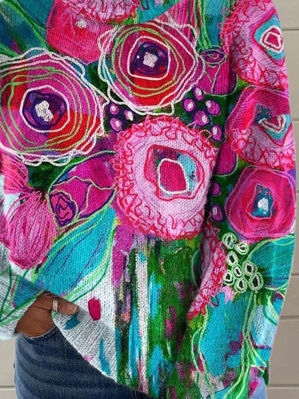 Lovely Floral Pattern Art Print Knit Turtleneck Pullover Sweater