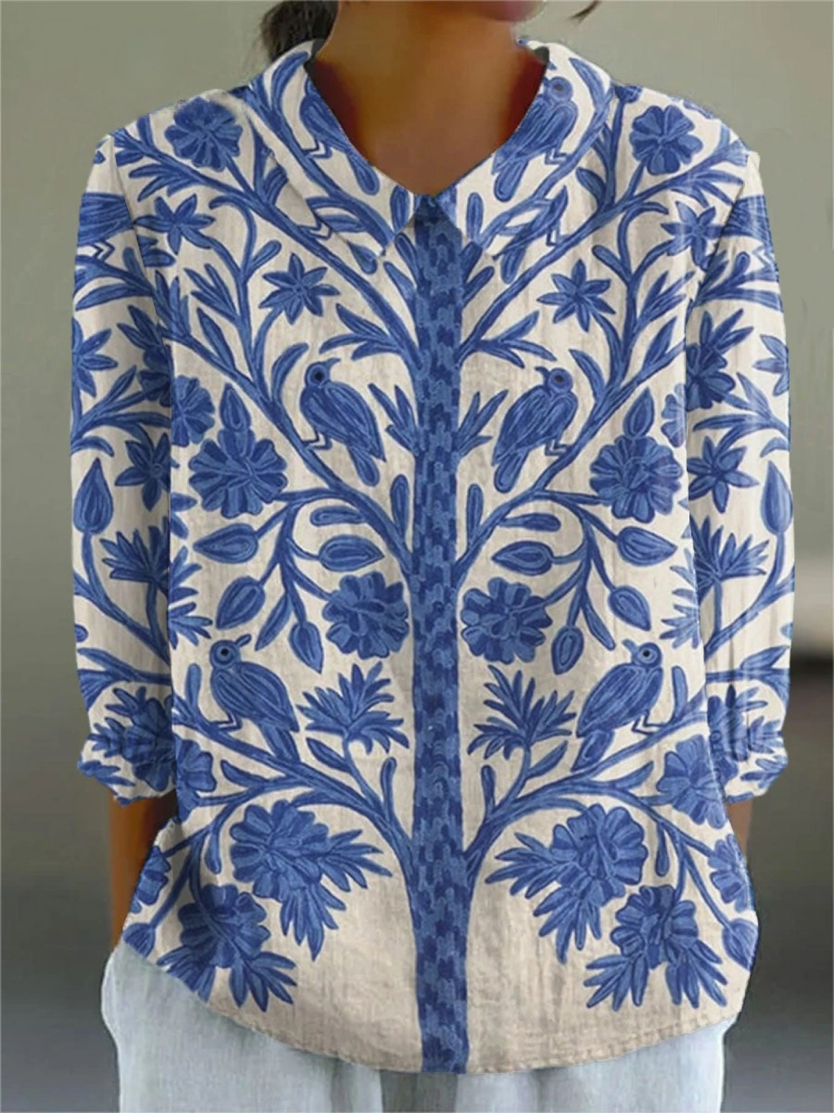 Women's Vintage Floral Art Print Casual Linen V-neck Shirt