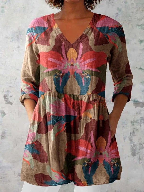 Women's Elegant Floral Print Doll Neck Cotton and Linen Tunic