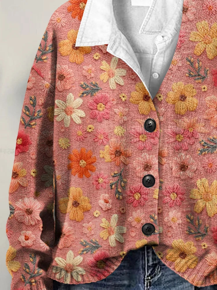 Vintage Floral Art Print Buttoned V-neck Cardigan Sweater