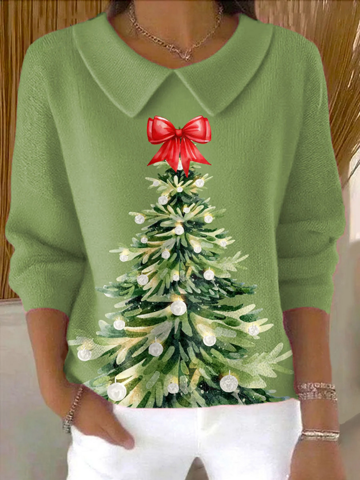 Women's Christmas Tree Art Print Casual Peter Pan Collar 3/4 Sleeve Sweater