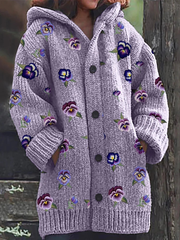 Pansy Floral Embroidery Pattern Cozy Hooded Cardigan