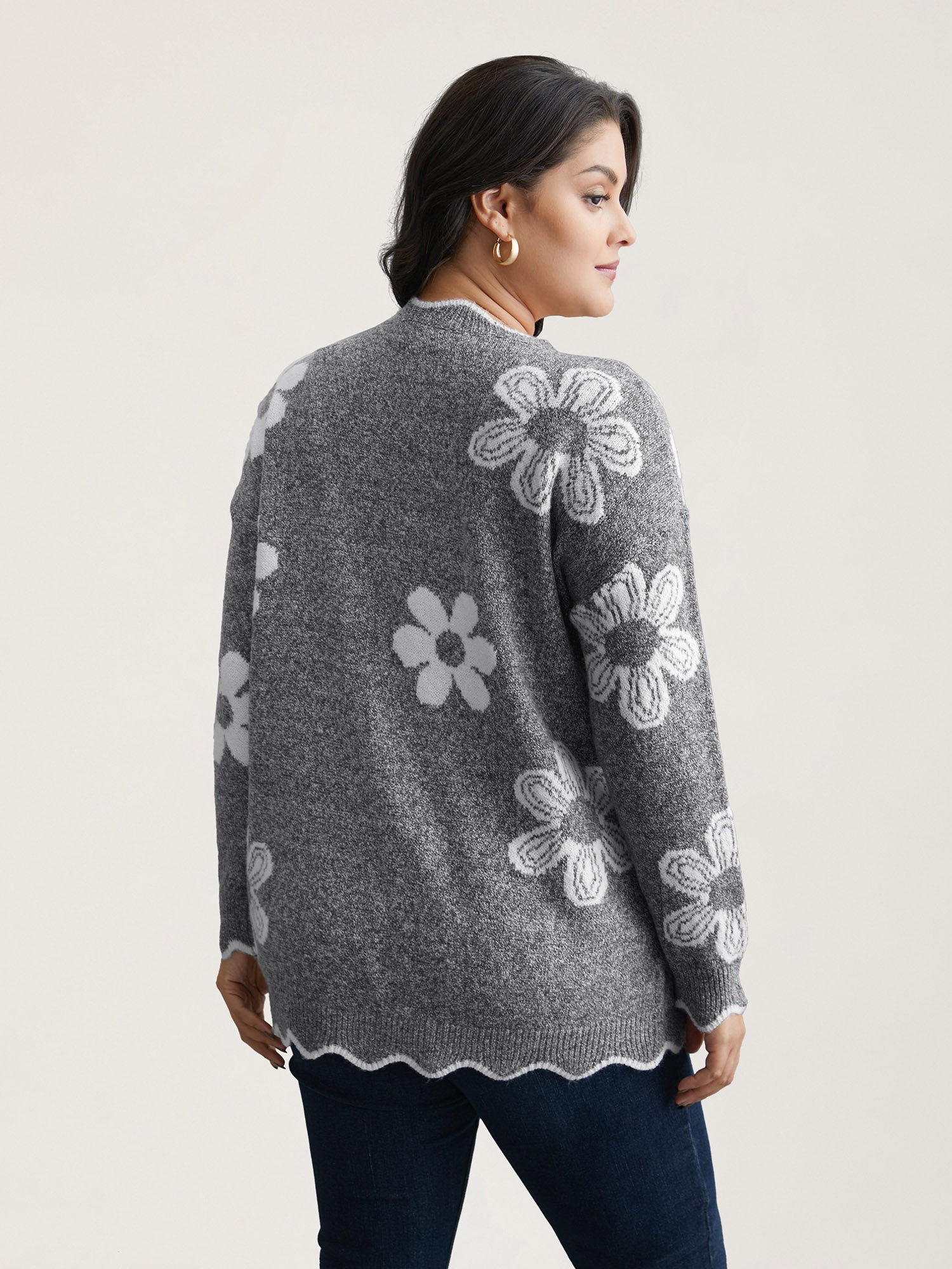 Floral Pattern Open-Front Knitted Cardigan