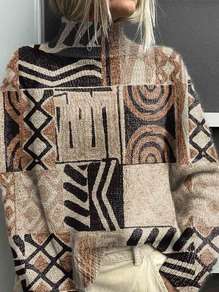 Women's Printed Knitted Turtleneck Pullover
