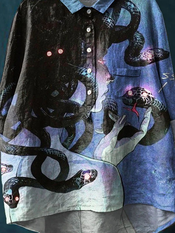 Vintage Medusa Pattern Art Print Casual Cotton And Linen Shirt