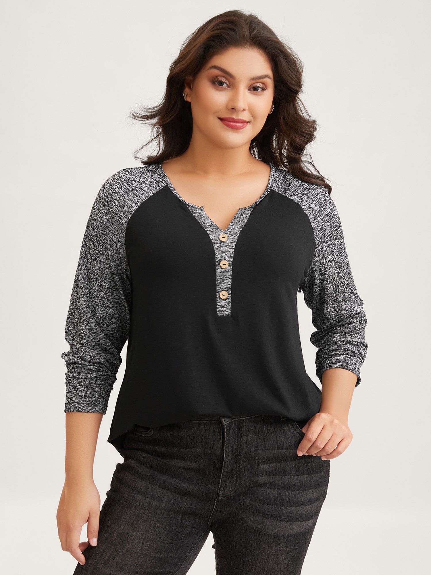 Heather Patchwork Button Detail Stretchy T-Shirt