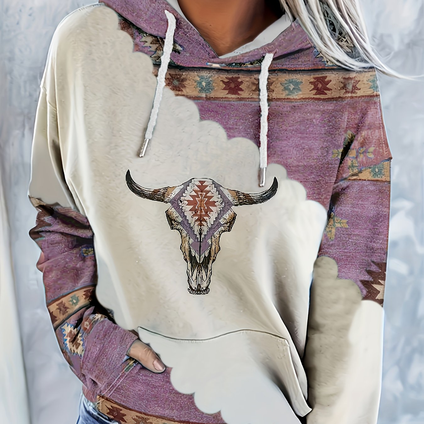 Women's Casual Western Bohemian Pullover Hoodie - Retro Ethnic Print Round Neck Sweatshirt with Adjustable Drawstring, Machine Washable All-Season Comfort, Cute Sweatshirts