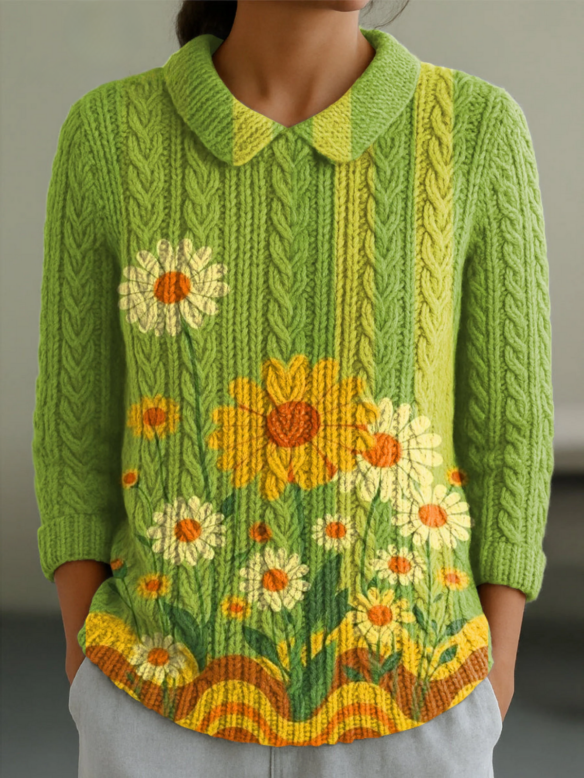 Women's Beautiful Sunflower Flower Painting Art Print Casual Peter Pan Collar 3/4 Sleeve Sweater