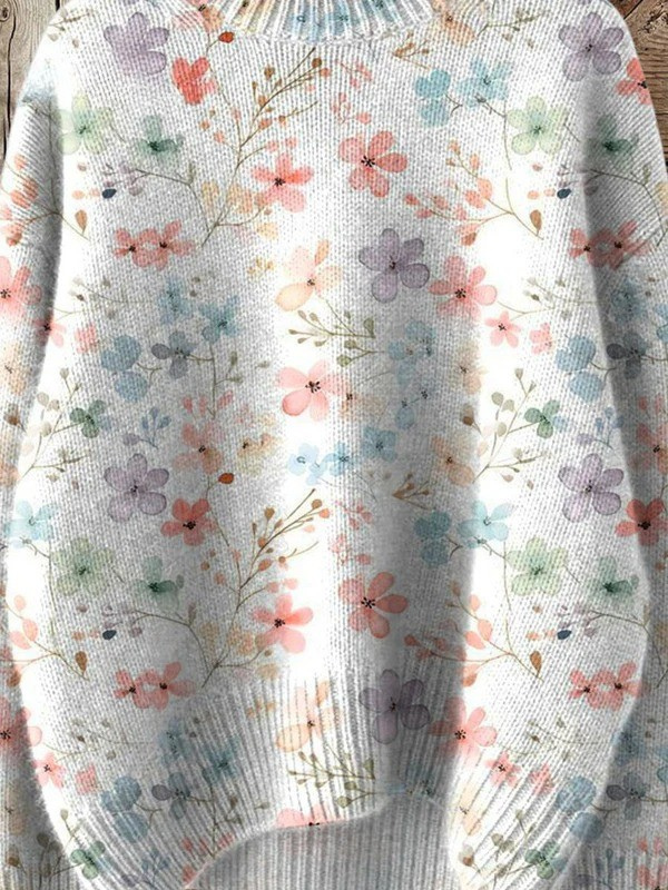 Lovely Floral Art Print Knit Turtleneck Pullover Sweater